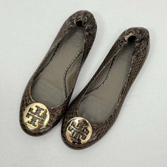 Tory Burch Reva Metal Logo Lotus Snake Print Dark Branch/Gold size 8 - Picture 1 of 10